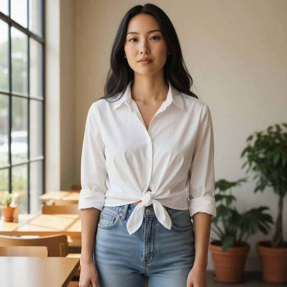 Josephine Chaus White Tie-Front Button-Down Top - Picture 2 of 7